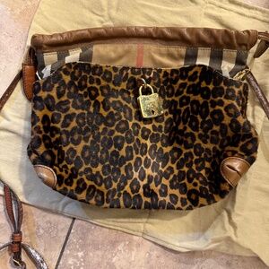 Burberry Brown/Black Leopard Print Calfhair, Leather and House Check Canvas